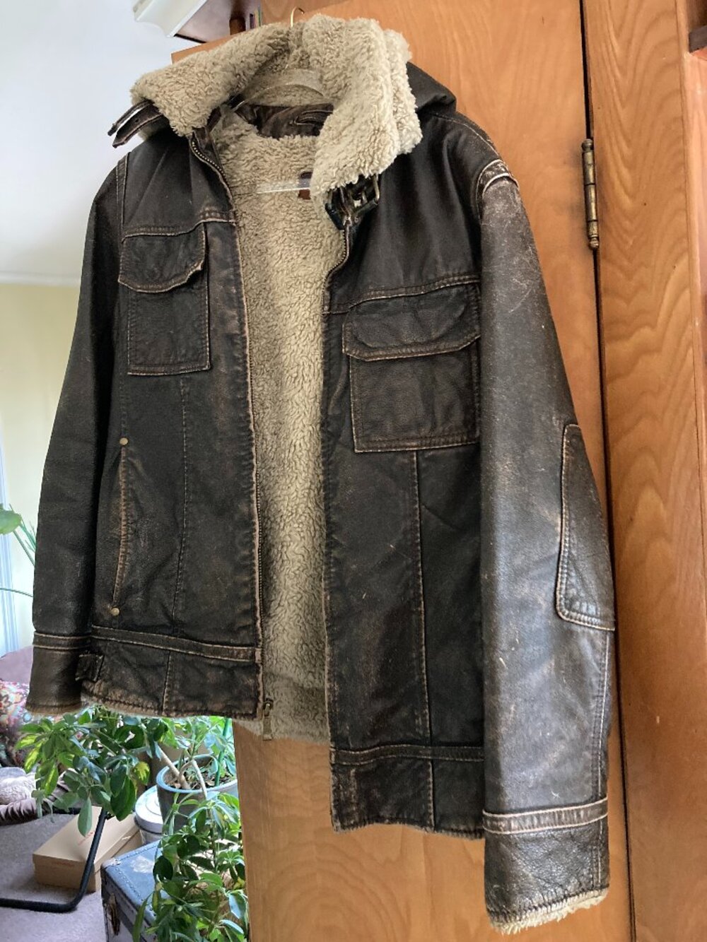 Wilsons Leather Distressed Brown Bomber Jacket w/ Shearling Hood - Size S - Picture 1 of 5